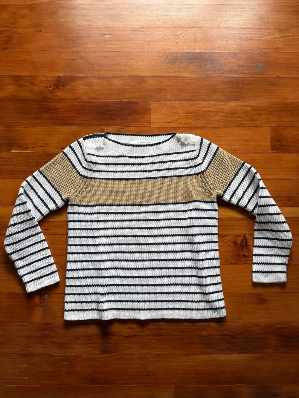 Vintage Lizwear Liz Claiborne Striped Boatneck Sweater White, Navy & Tan Size M